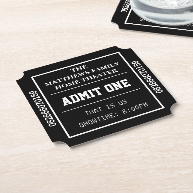 Black Home Theater Personalized Movie Ticket Paper Coaster (Angled)