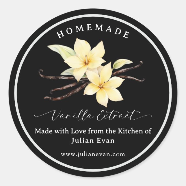 Black Homemade Vanilla Extract Label Sticker (Front)