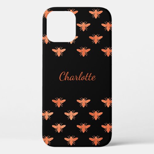 Black honey bees rose gold monogram name script iPhone 12 case