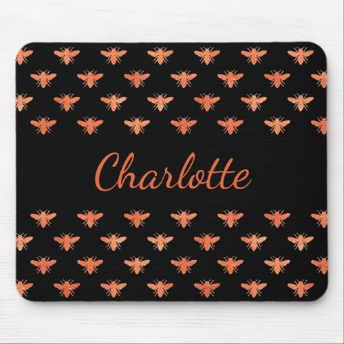 Black honey bees rose gold monogram name script mouse pad