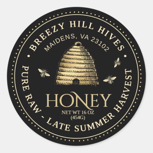 Black Honey Jar Label Gold Skep Dotted Border