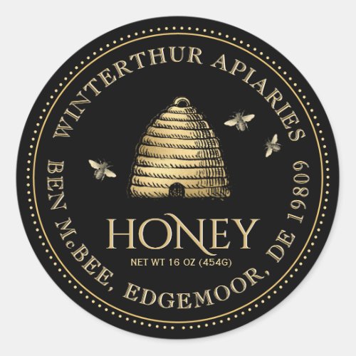 Black Honey Jar Label Vintage Skep Dotted Border