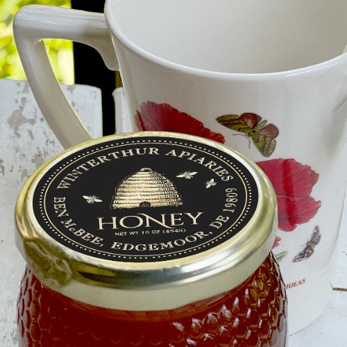 Black Honey Jar Label Vintage Skep Dotted Border