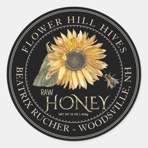 Black Honey Label Sunflower and Metallic Gold Text