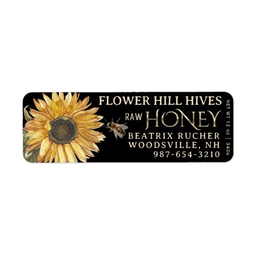 Black Honey Label Sunflower Bee Metallic Gold Text