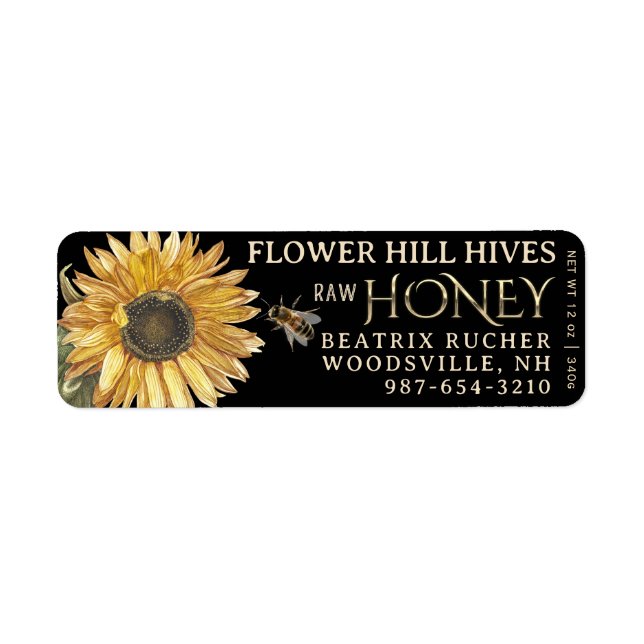 Black Honey Label Sunflower Bee Metallic Gold Text (Front)