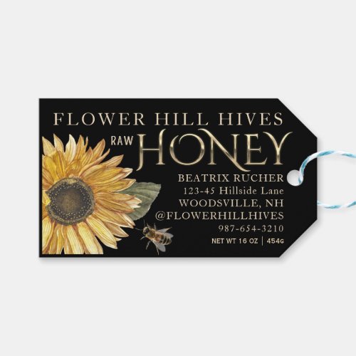 Black Honey Label Sunflower Bee Metallic Gold Text