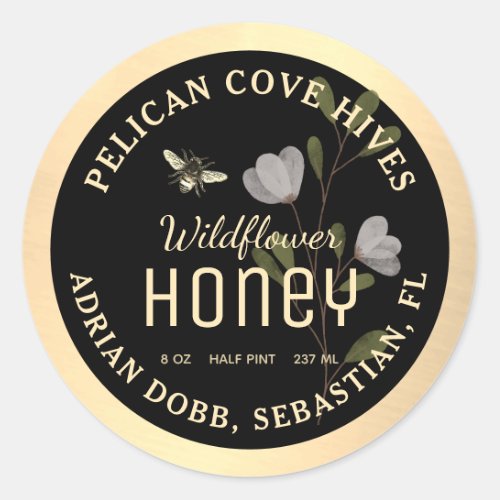 Black Honey Label Watercolor Wildflower and Bee