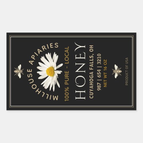 Black Honey Label with Honey bees and Daisy