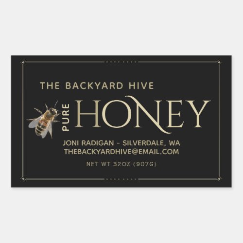 Black Honey Label with Realistic Bee and Border