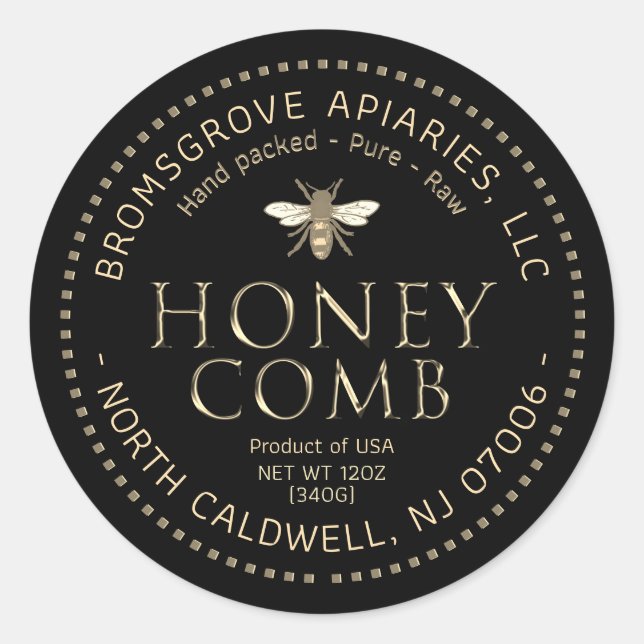 Black Honeycomb Sticker Metallic Gold with Bee (Front)