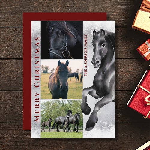 Black Horse 3 PHOTO Snowy Merry Christmas Holiday Card