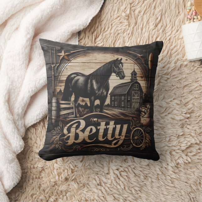 Black Horse at Farm With Name Betty Throw Pillow (Blanket)