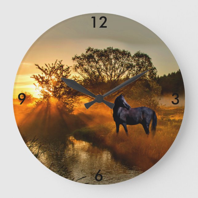 Black horse at sunrise or sunset large clock (Front)