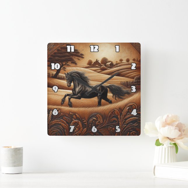 Black Horse at Sunset in Countryside Square Wall Clock (Home)