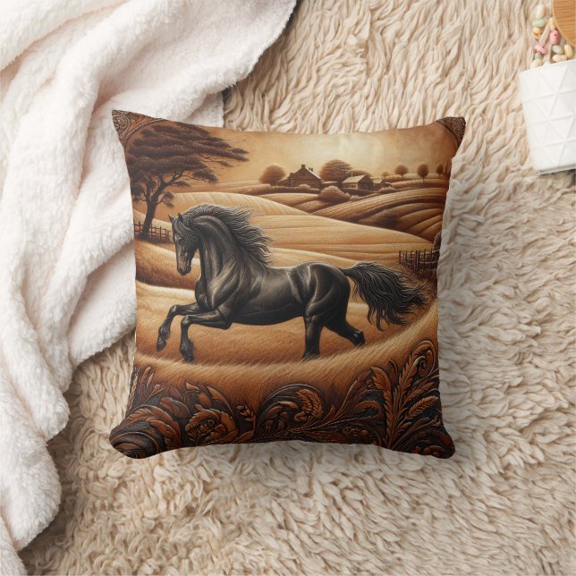 Black Horse at Sunset in Countryside Throw Pillow (Blanket)