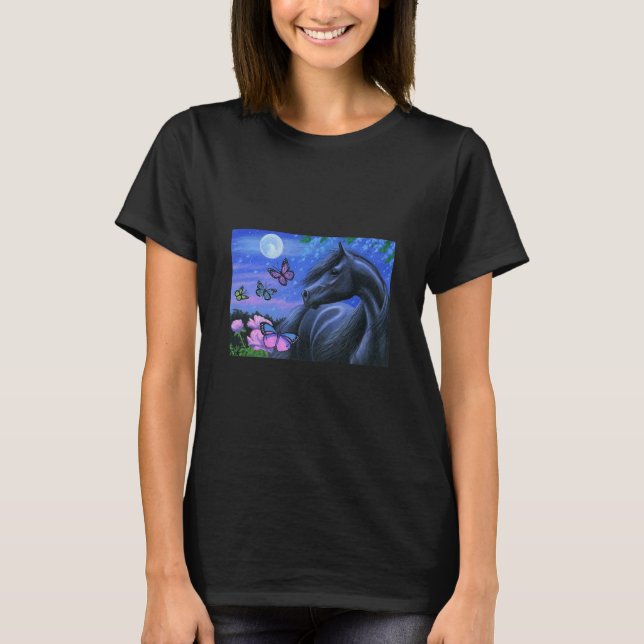 Black Horse Butterflies Roses T-Shirt (Front)