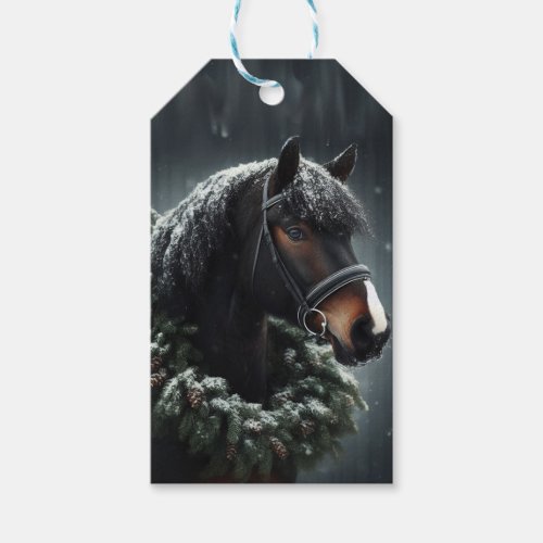 Black Horse Christmas Wreath Snowy Pasture Gift Tags