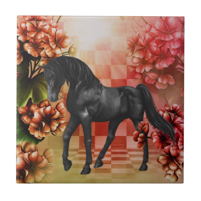 Black Horse Fantasy Flowers Animal Tile (Front)