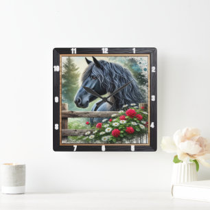 Black Horse Floral Decorative Square Wall Clock