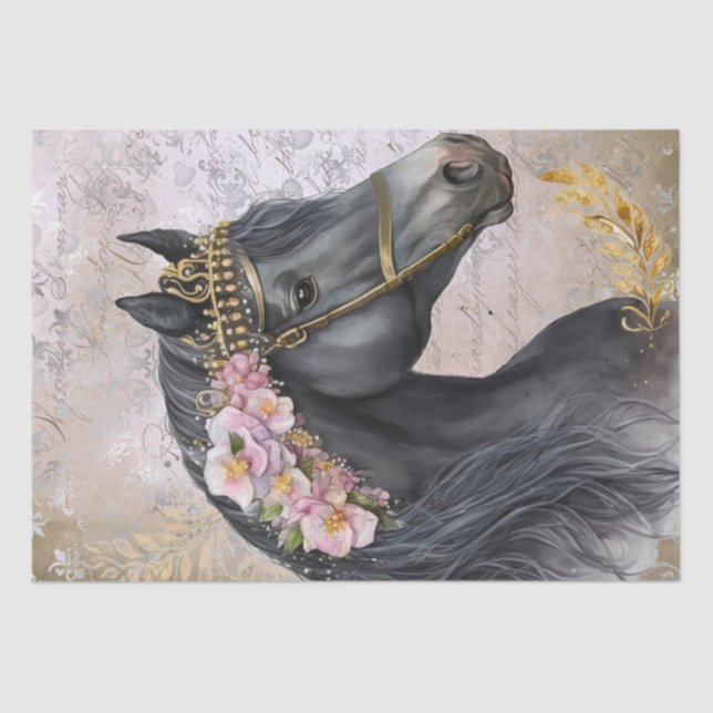 Black Horse Floral Decoupage Tissue Paper (Front)