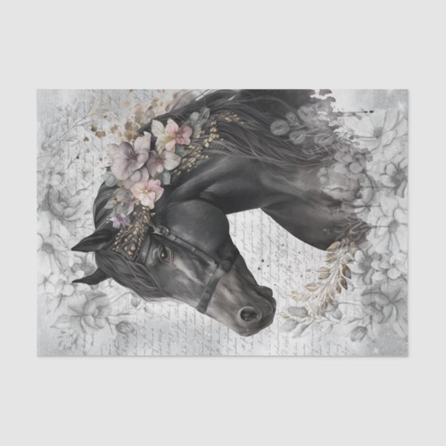 Black Horse Floral Decoupage Tissue Paper (Front)