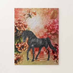 Black Horse Flowers Fantasy Art Jigsaw Puzzle