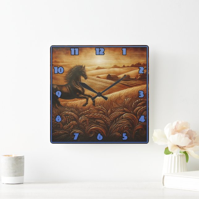Black Horse Galloping at Sunset Square Wall Clock (Home)