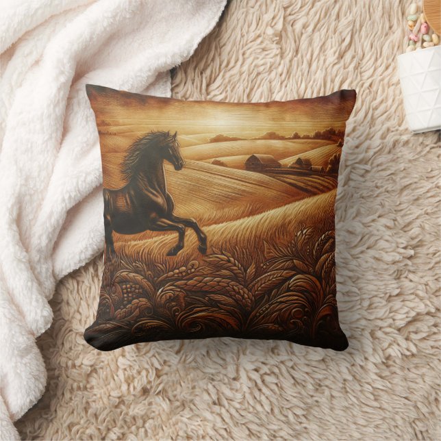 Black Horse Galloping at Sunset Throw Pillow (Blanket)