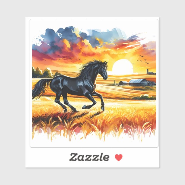 Black Horse Galloping in Golden Fields Sticker (Sheet)