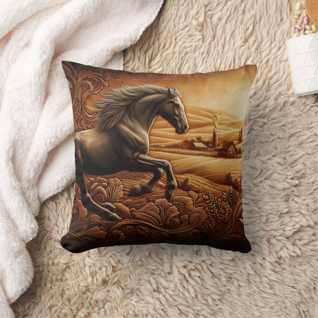 Black Horse Galloping in Golden Fields Throw Pillow (Blanket)