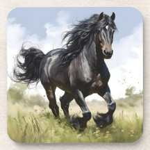 Black Horse Galloping Through Grass