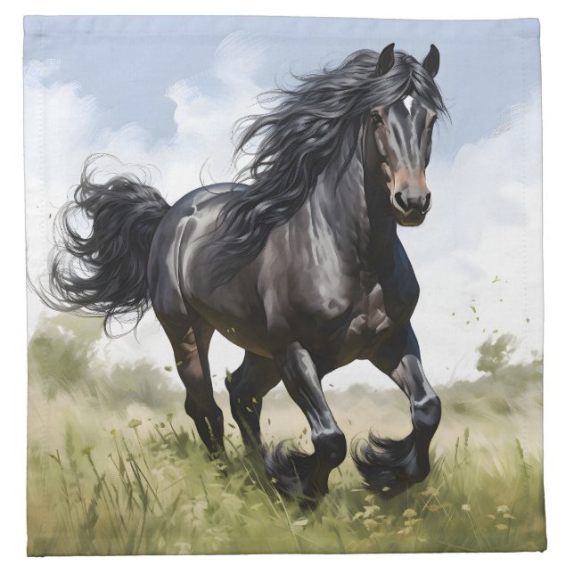 Black Horse Galloping Through Grass Cloth Napkin (Front)