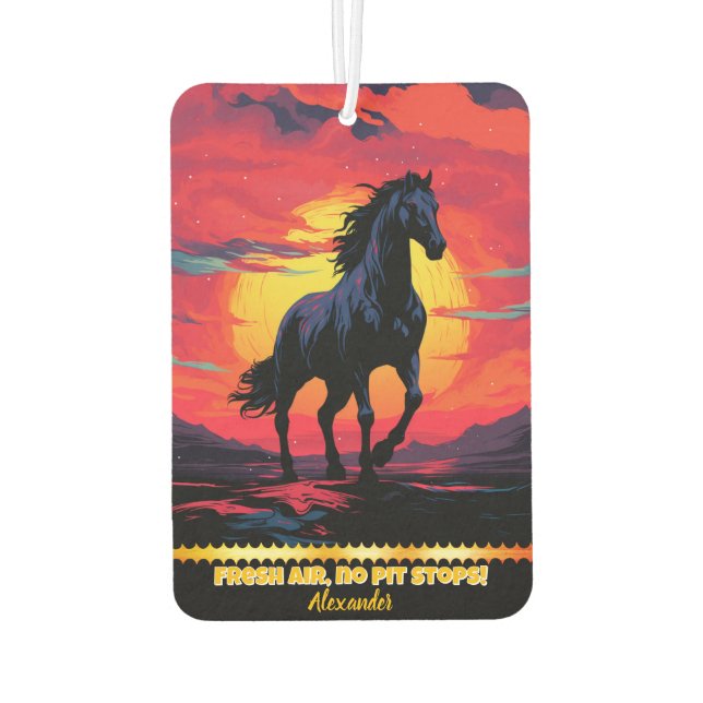 Black horse gallops at sunset by mountains air freshener (Back)
