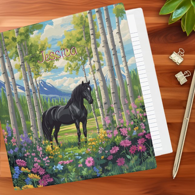 Black Horse Girls Wildflowers Pink Purple Blue 3 Ring Binder (Black Horse Girls Wildflowers Pink Purple Blue Personalized 3 Ring Binder)