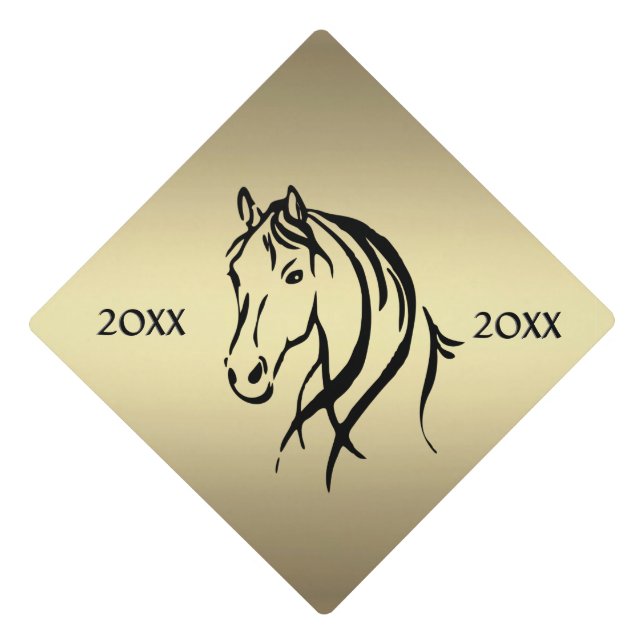 Black Horse Head Gold Horse Graduation Cap Topper (Front)