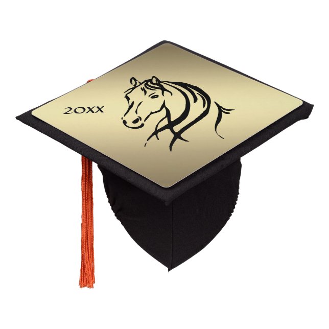 Black Horse Head Gold Horse Graduation Cap Topper (Angled)