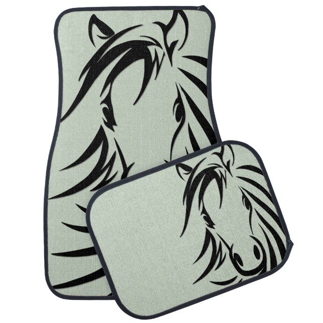 Black Horse Head Green Car Floor Mat (Set)