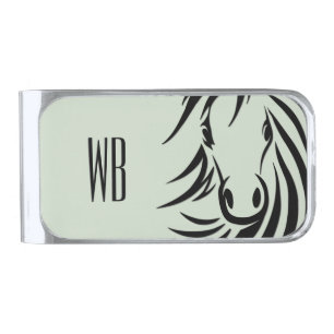 Black Horse Head Green Monogram Silver Finish Money Clip