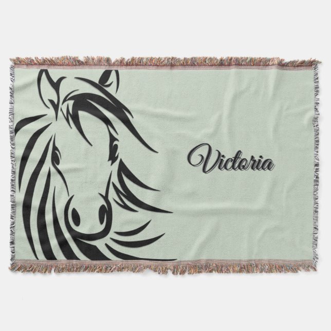 Black Horse Head Green Throw Blanket (Front)