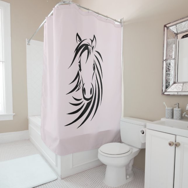 Black Horse Head  on Pink Shower Curtain (In Situ)