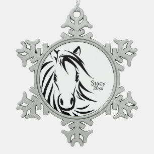 Black Horse Head Snowflake Pewter Christmas Ornament