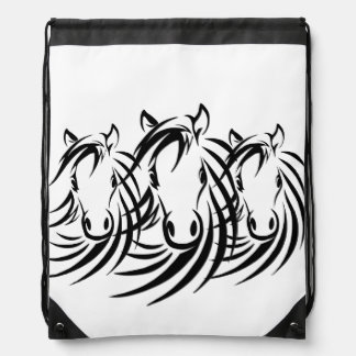 Black Horse Head White Drawstring Bag