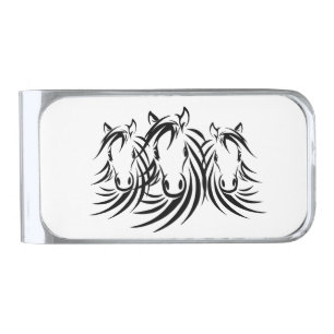 Black Horse Head White Silver Finish Money Clip