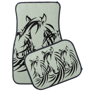 Black Horse Heads Green Car Floor Mat