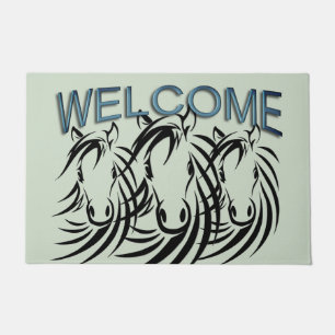 Black Horse Heads Green Doormat