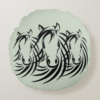 Black Horse Heads Green Round Pillow