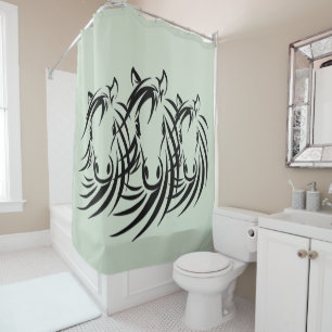 Black Horse Heads Green Shower Curtain