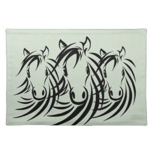 Black Horse Heads on Green Cloth Placemat