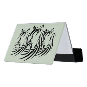 Black Horse Heads on Green Desk Business Card Holder